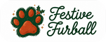 Festive Furball logo with extra-rounded white corners, evergreen paw, holly and dark-green script lettering